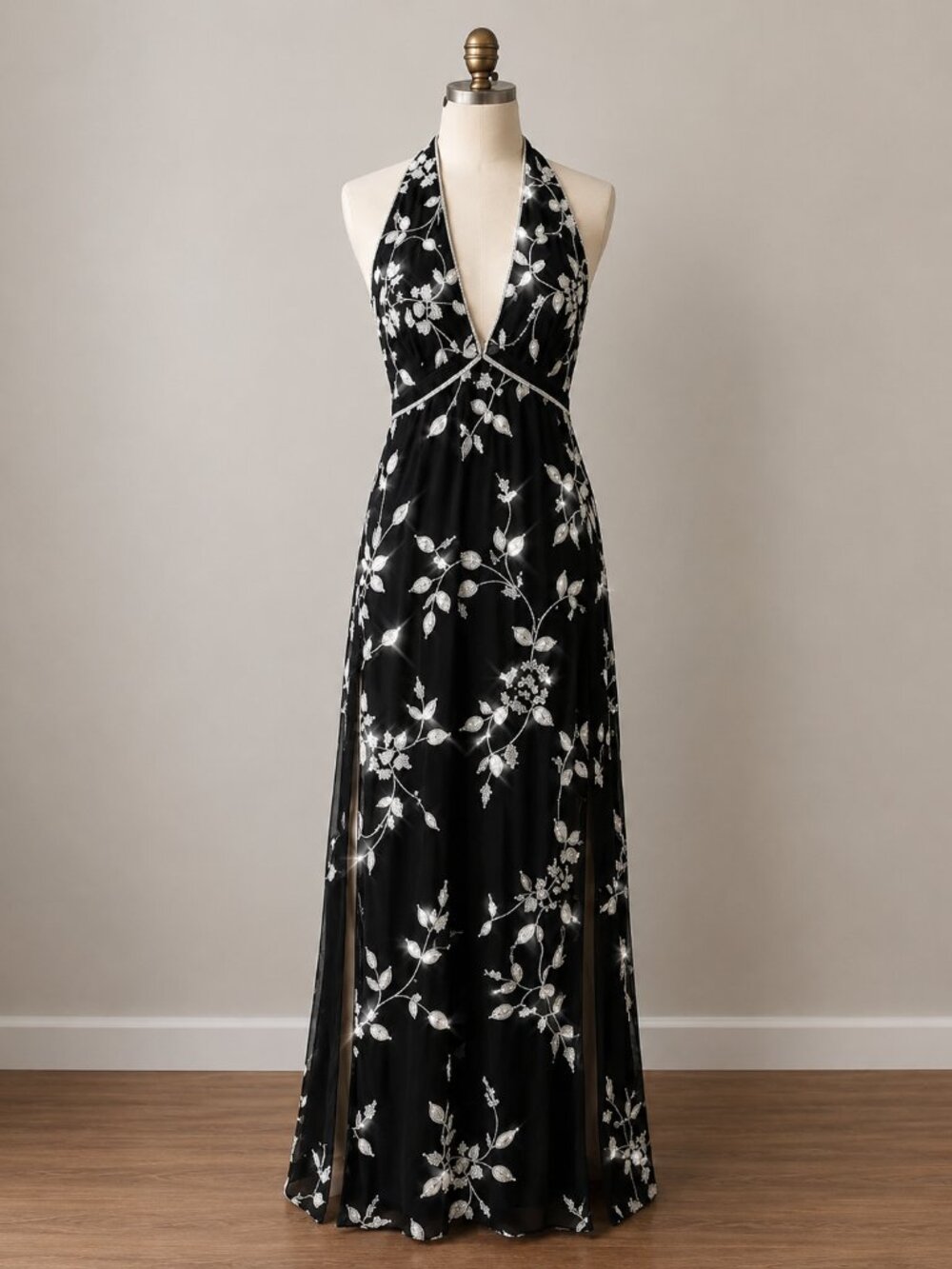 Vintage Cache Formal Dress Black Silk Beaded Floral Halter Maxi Dress Size 6
